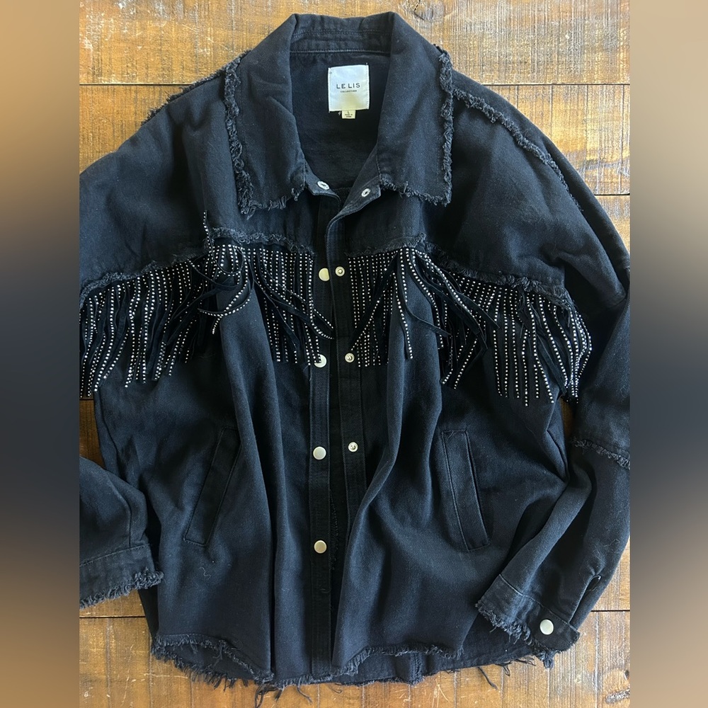 Le Lis Black Denim Rhinestone Fringe Western Shirt Jacket Large‎